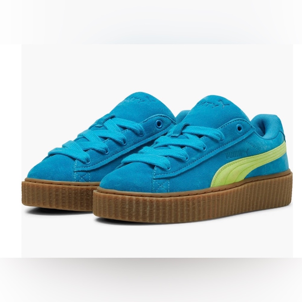 Puma Suede Platform Sneakers in Blue with Lime Accent